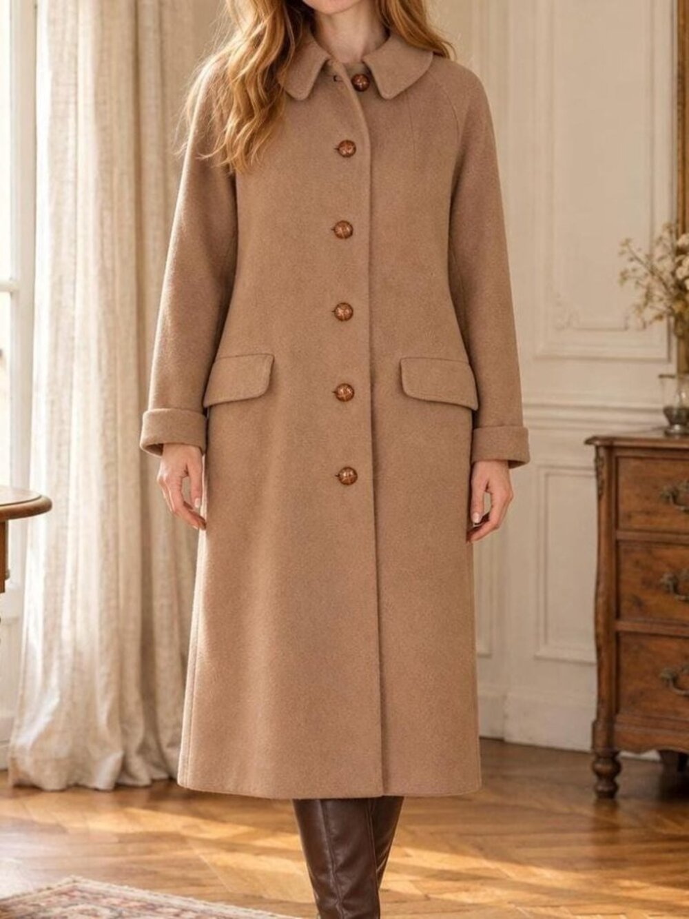Vintage Camel Coat with Plaid Lining, Rounded Collar, Button Front